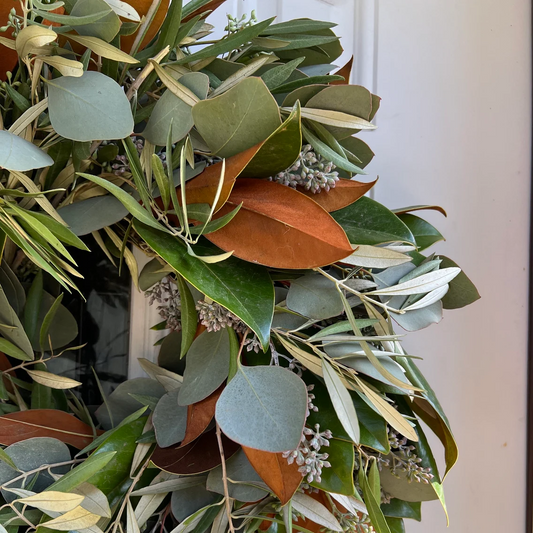 Fresh Magnolia Seeded Eucalyptus and Olive Wreath