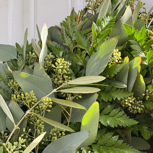 Fresh Seeded Eucalyptus Olive and Leatherleaf Wreath