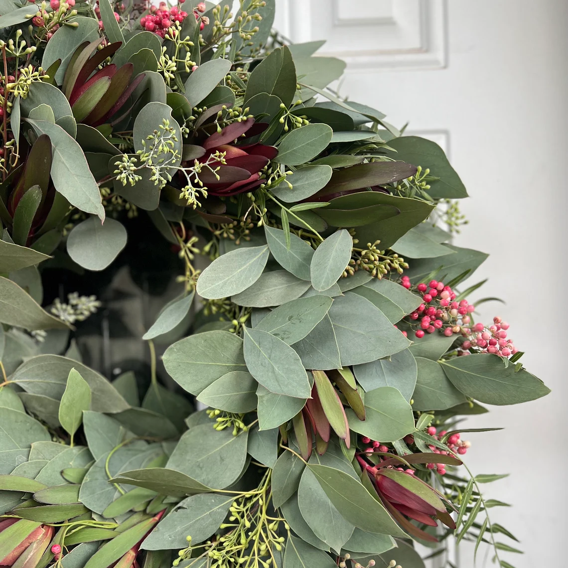 Fresh Seeded Eucalyptus Leucadendron and Pepperberry Wreath