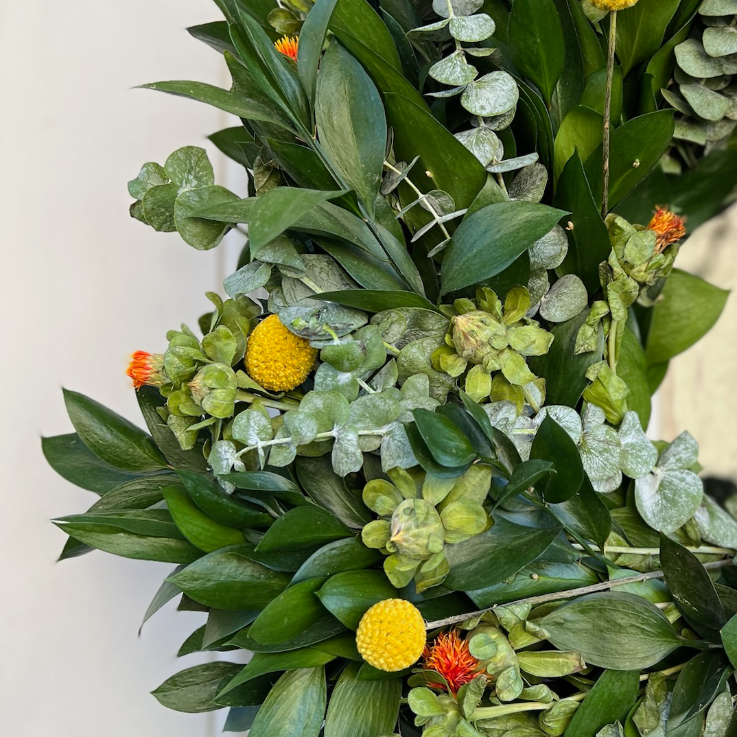 Fresh Spiral Eucalyptus, Ruscus, Craspedia and Safflower Wreath