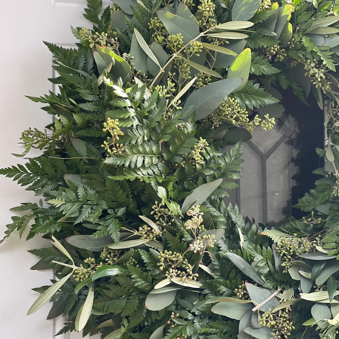 Fresh Seeded Eucalyptus Olive and Leatherleaf Wreath