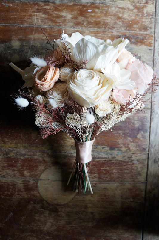 Peaches N Creme Wood Flower Bouquet, Keepsake Wood Flower Wedding Bouquet, Bridal Bouquet