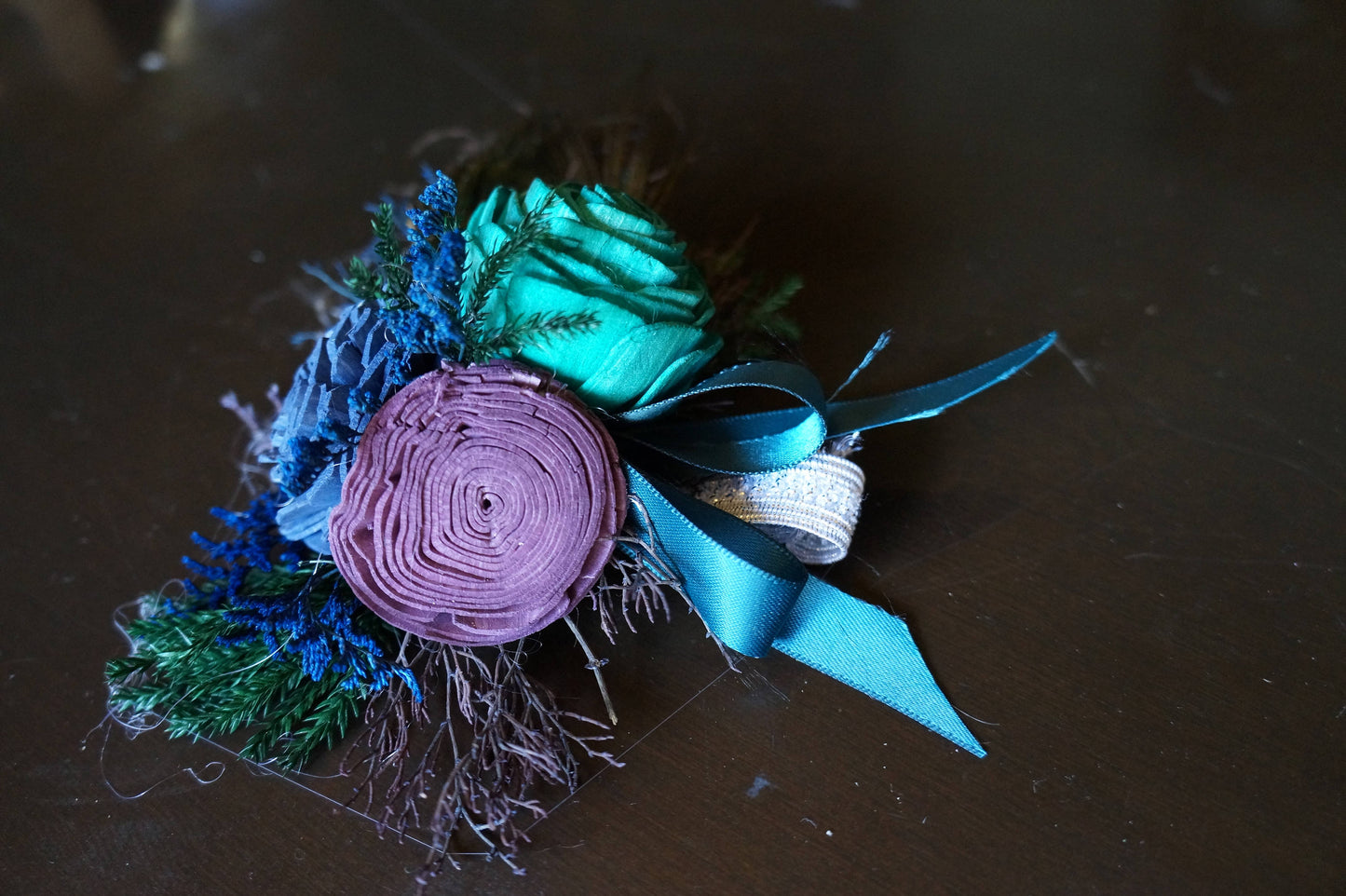 Peacock Wood Flower Corsage