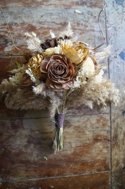 Tan and Chocolate Sola Flower Bouquet // "Vanilla Latte" Wood Flower Bouquet, Keepsake Wood Flower Wedding Bouquet, Bridal Bouquet