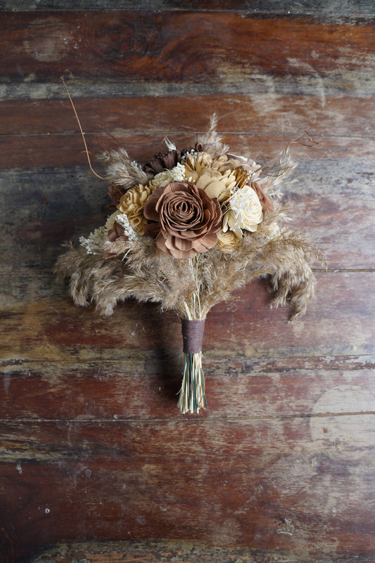 Tan and Chocolate Sola Flower Bouquet // "Vanilla Latte" Wood Flower Bouquet, Keepsake Wood Flower Wedding Bouquet, Bridal Bouquet