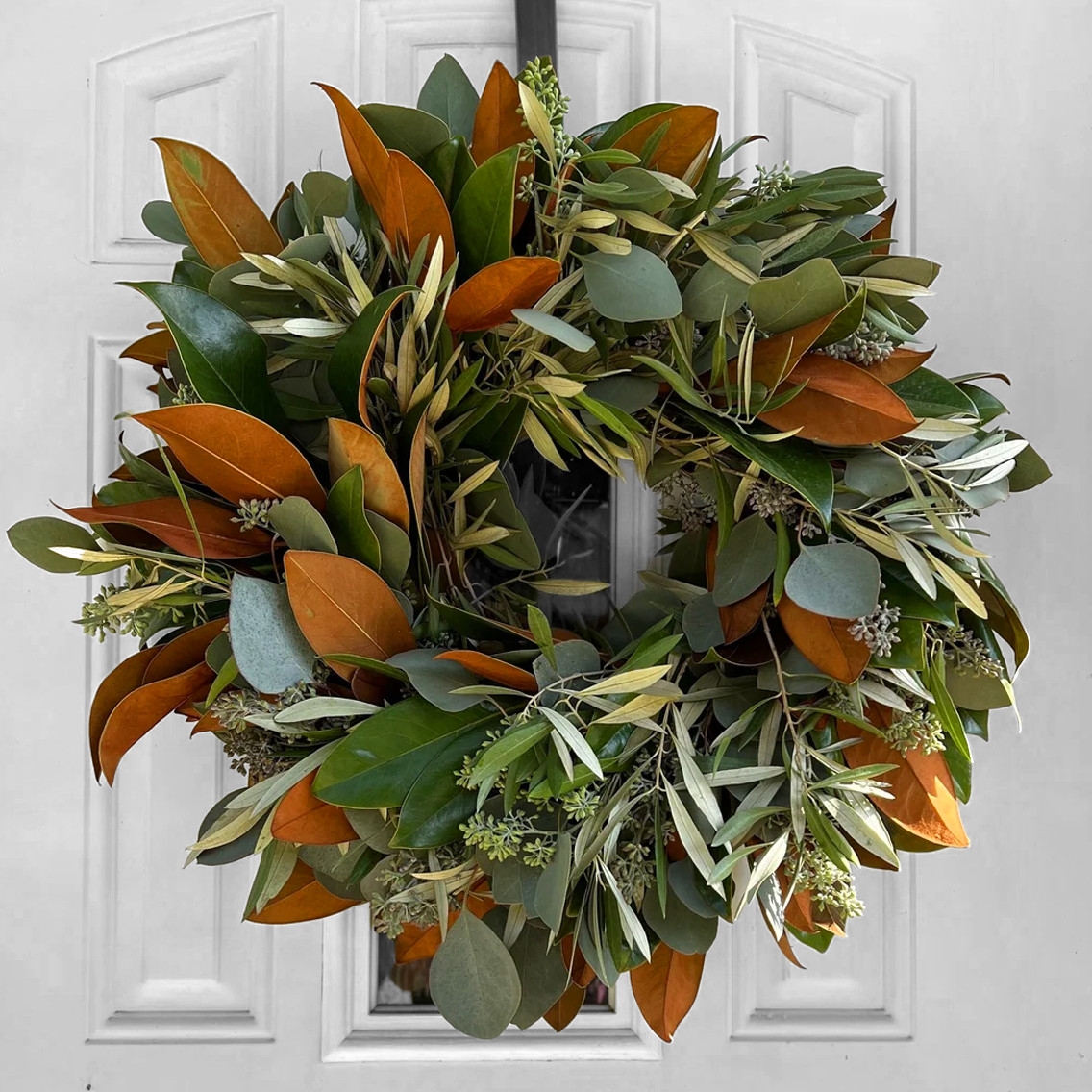 Fresh Magnolia Seeded Eucalyptus and Olive Wreath