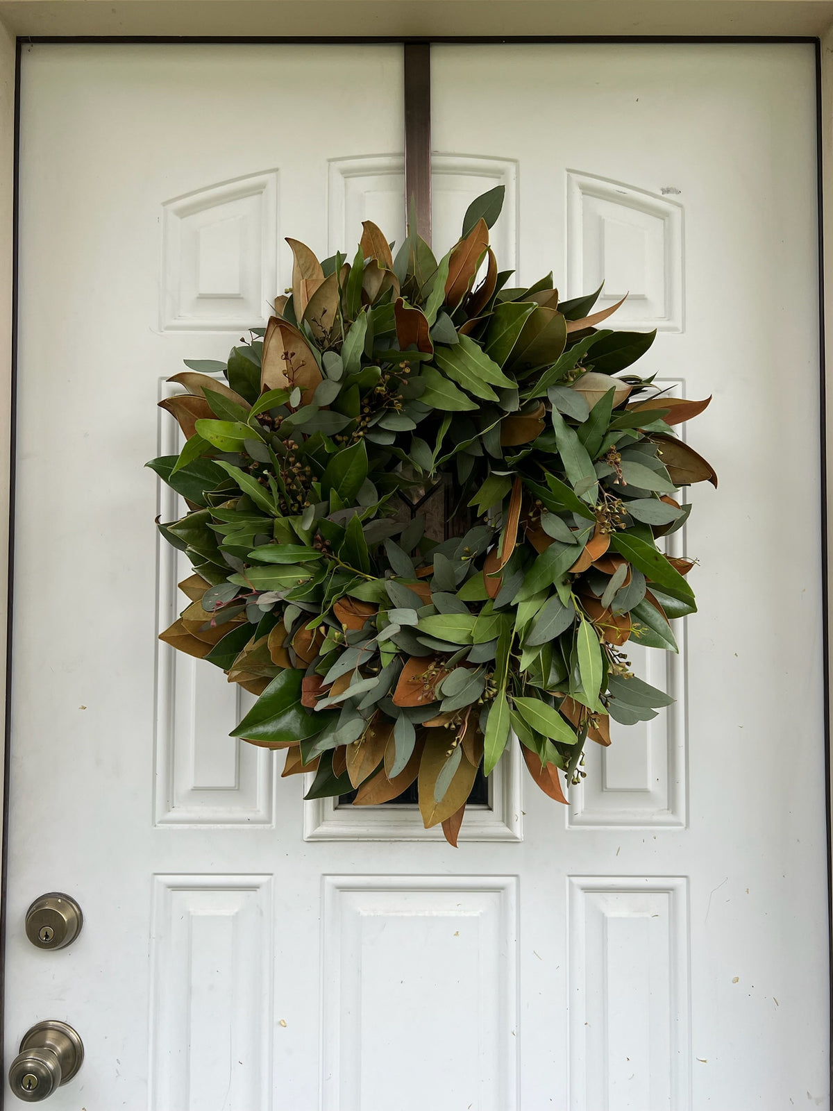 Fresh Magnolia Seeded Eucalyptus and Bay Wreath