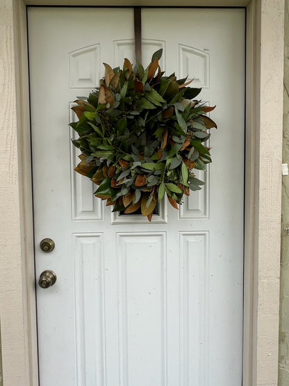 Fresh Magnolia Seeded Eucalyptus and Bay Wreath