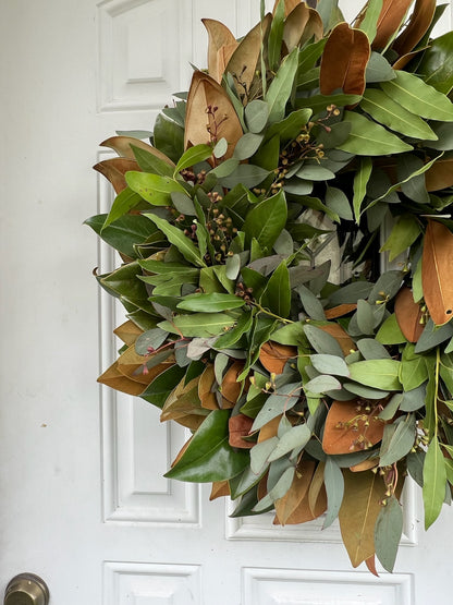 Fresh Magnolia Seeded Eucalyptus and Bay Wreath