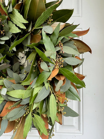 Fresh Magnolia Seeded Eucalyptus and Bay Wreath