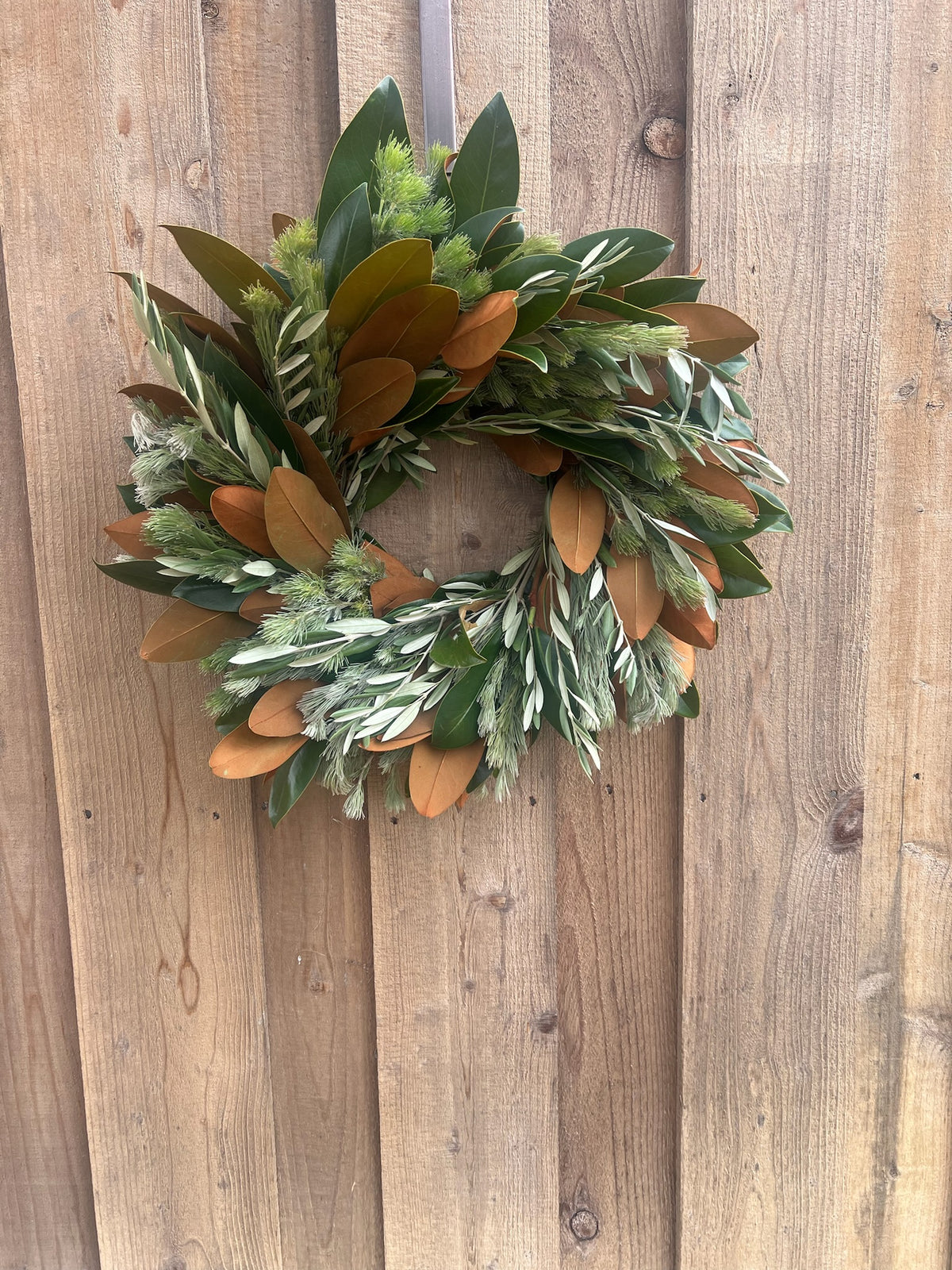 Fresh Magnolia Woolly Bush and Olive Wreath
