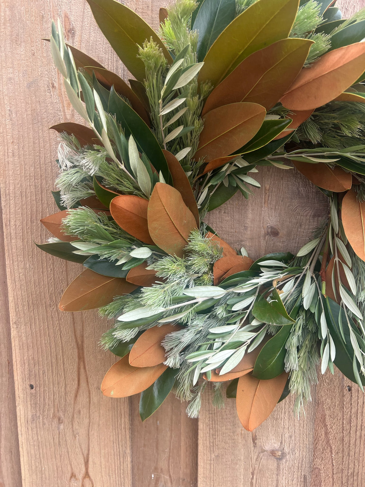 Fresh Magnolia Woolly Bush and Olive Wreath
