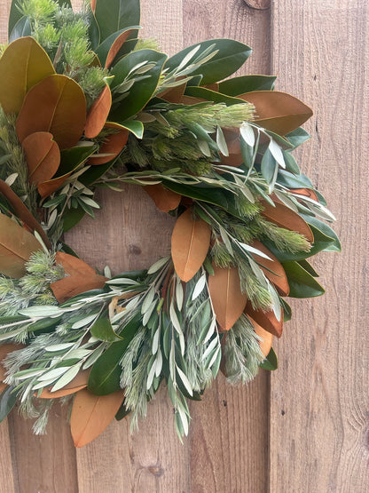 Fresh Magnolia Woolly Bush and Olive Wreath