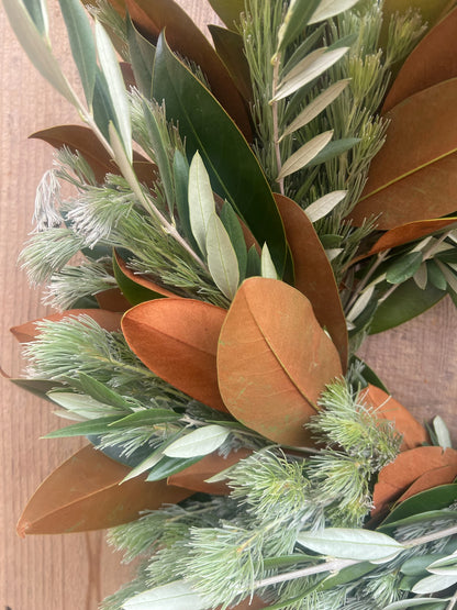Fresh Magnolia Woolly Bush and Olive Wreath
