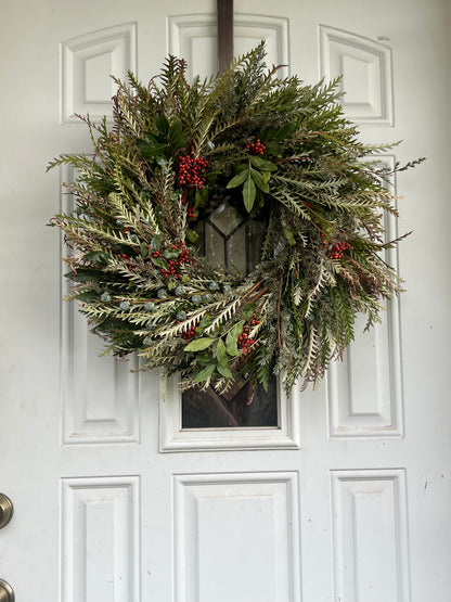 Fresh Pepperberry, Lepto, Grevillea, and Eucalyptus Pods Wreath