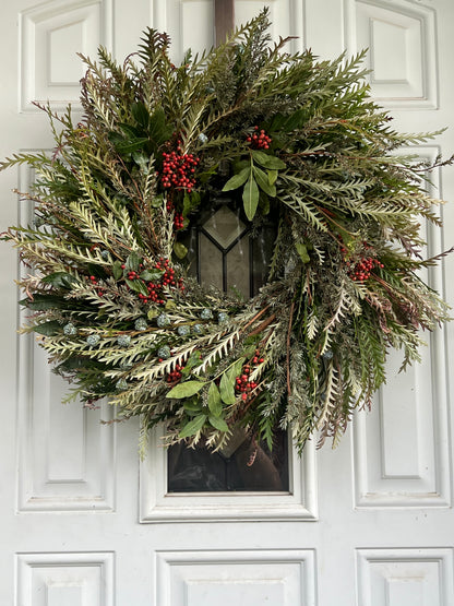 Fresh Pepperberry, Lepto, Grevillea, and Eucalyptus Pods Wreath