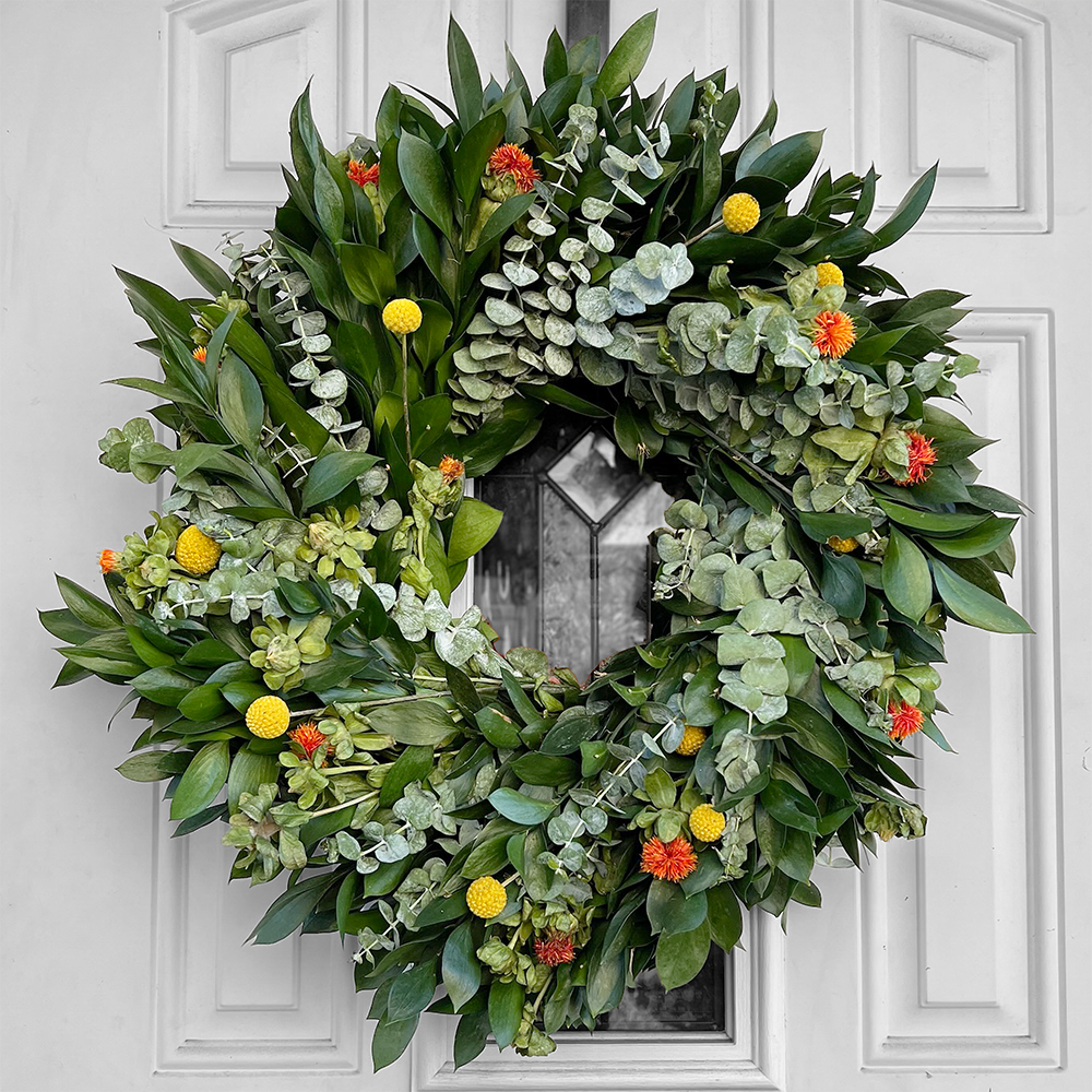 Fresh Spiral Eucalyptus, Ruscus, Craspedia and Safflower Wreath