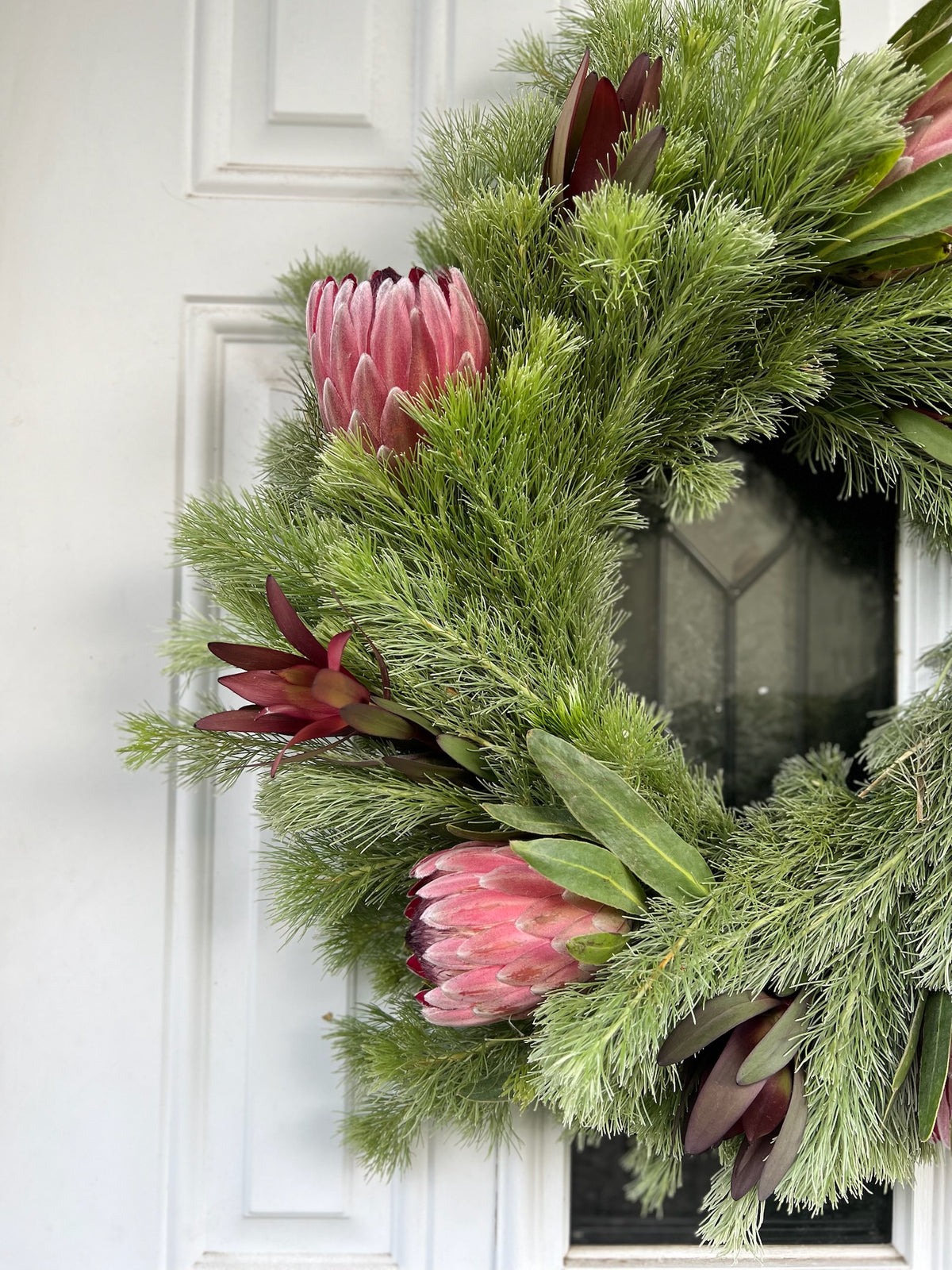 Safari Sunset Leucadendron, Woolly Bush, and Pink Ice Protea Wreath