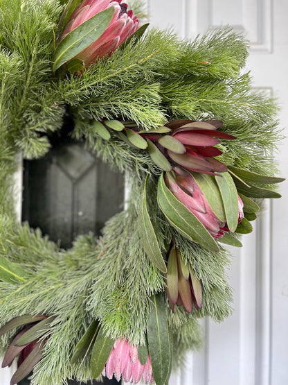 Safari Sunset Leucadendron, Woolly Bush, and Pink Ice Protea Wreath