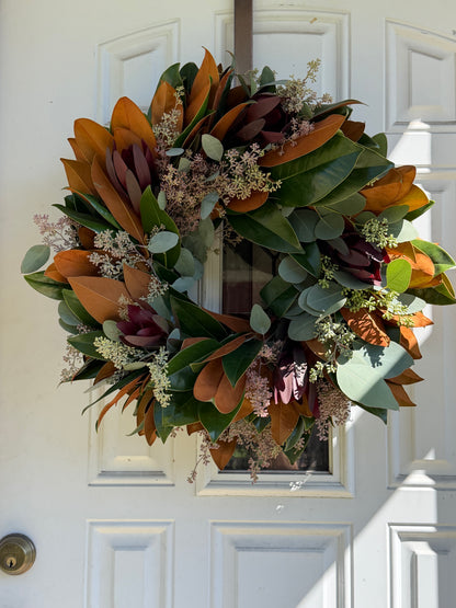 Fresh Safari Sunset Leucadendron, Seeded Eucalyptus, and Magnolia Wreath