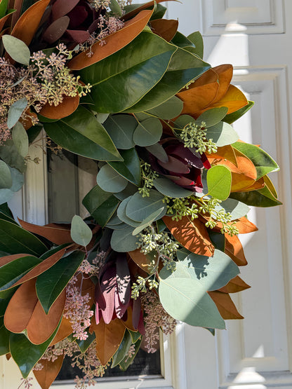 Fresh Safari Sunset Leucadendron, Seeded Eucalyptus, and Magnolia Wreath