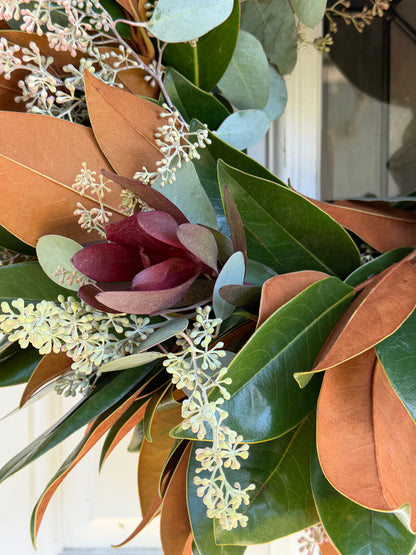 Fresh Safari Sunset Leucadendron, Seeded Eucalyptus, and Magnolia Wreath