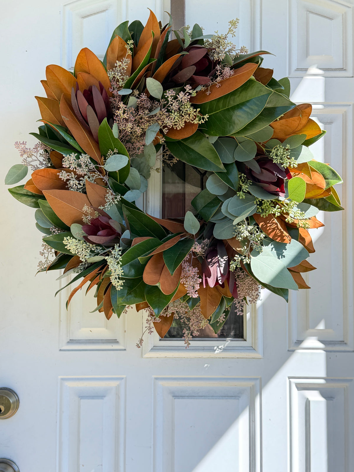 Fresh Safari Sunset Leucadendron, Seeded Eucalyptus, and Magnolia Wreath