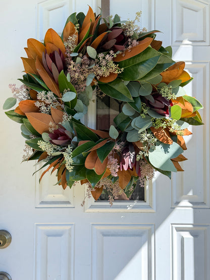 Fresh Safari Sunset Leucadendron, Seeded Eucalyptus, and Magnolia Wreath