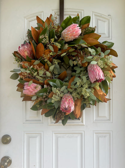 Fresh Magnolia, Seeded Eucalyptus, and Pink Ice Protea Wreath