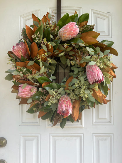 Fresh Magnolia, Seeded Eucalyptus, and Pink Ice Protea Wreath