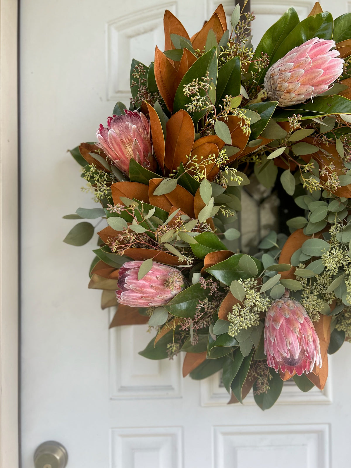 Fresh Magnolia, Seeded Eucalyptus, and Pink Ice Protea Wreath