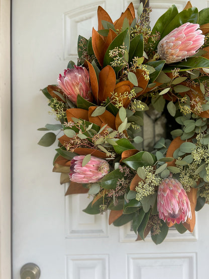 Fresh Magnolia, Seeded Eucalyptus, and Pink Ice Protea Wreath