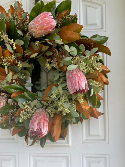 Fresh Magnolia, Seeded Eucalyptus, and Pink Ice Protea Wreath
