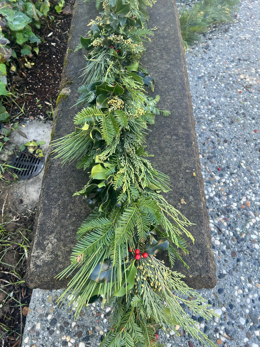 Fresh Cedar, Fir, Redwood, and Holly Winter Garland