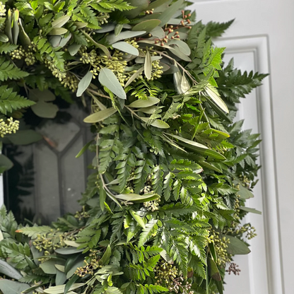 Fresh Seeded Eucalyptus Olive and Leatherleaf Wreath