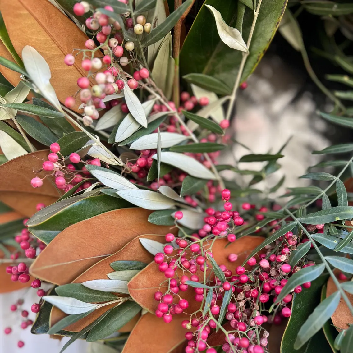 Fresh Magnolia Pepperberry and Olive Wreath