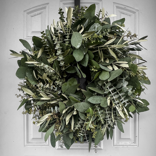 Fresh Seeded Eucalyptus Spiral Eucalyptus and Olive Wreath