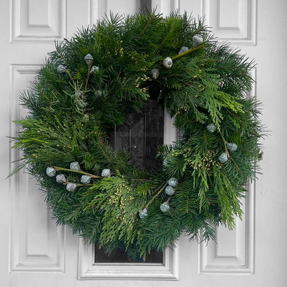 Fresh Silver Bells, Cedar, Fir Greenery Wreath