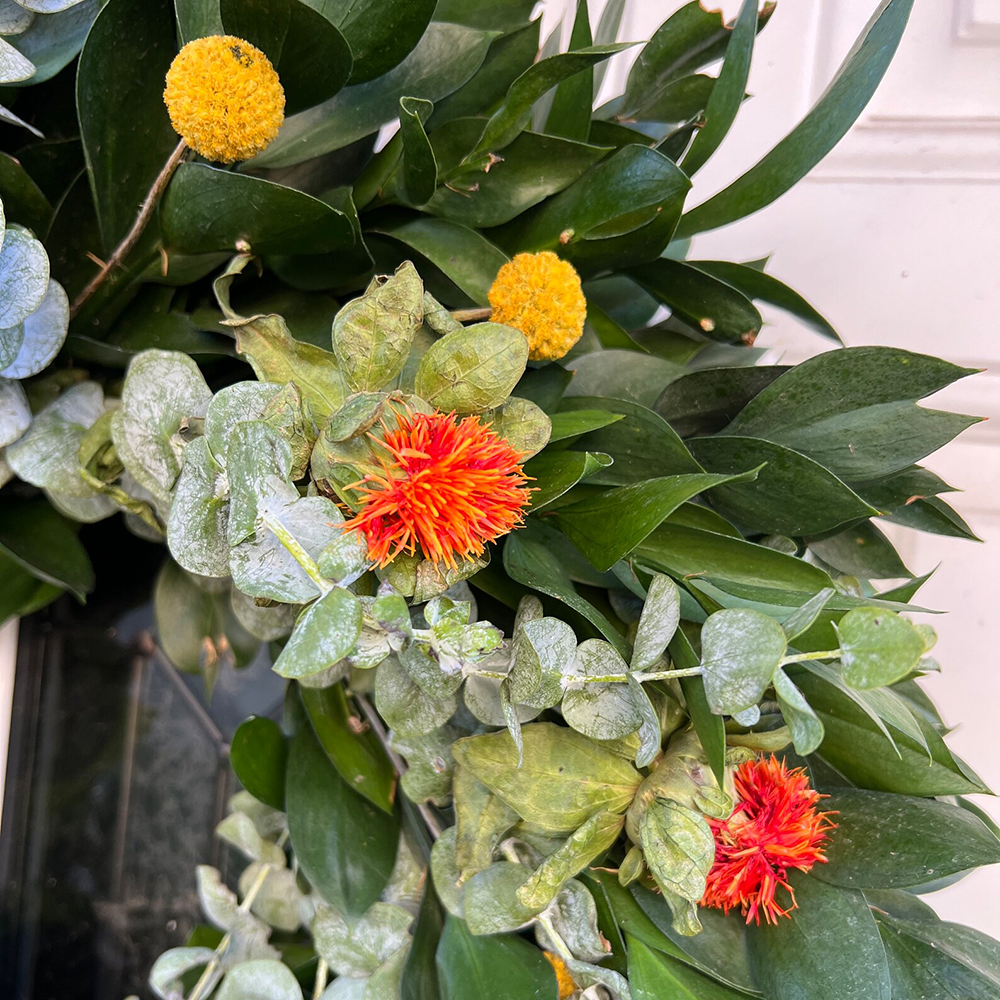 Fresh Spiral Eucalyptus, Ruscus, Craspedia and Safflower Wreath
