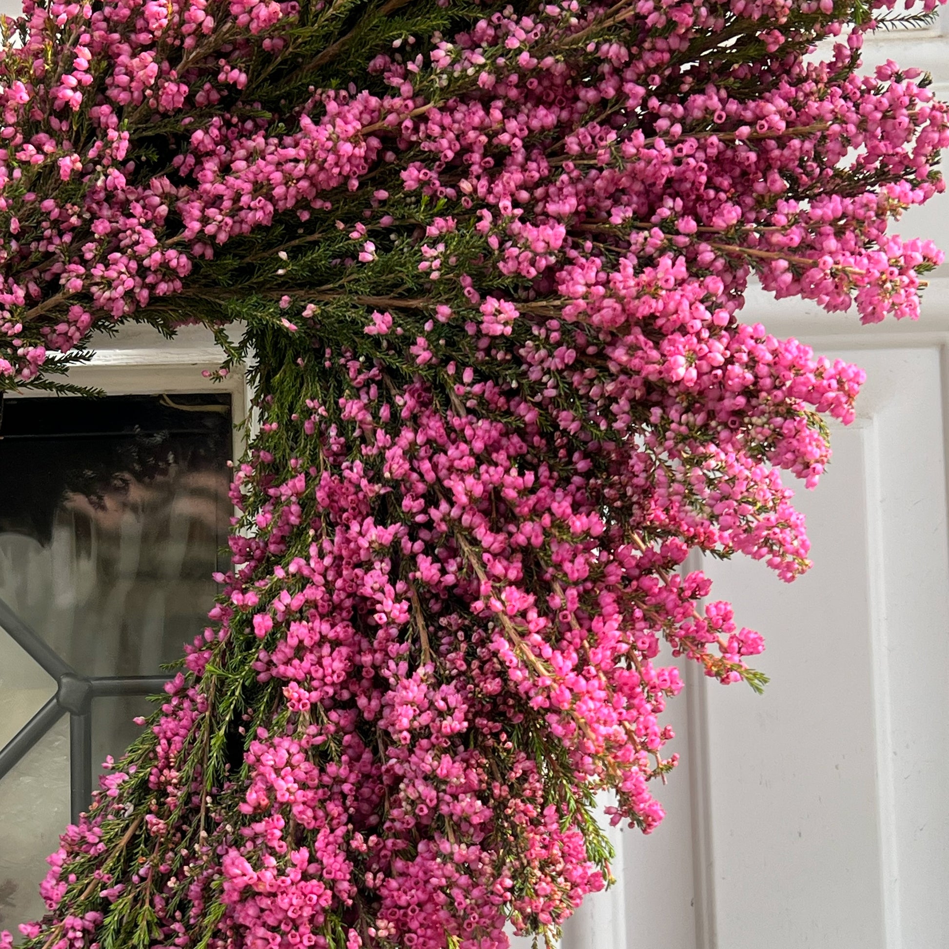 Upper Right Close Up Shot of a Hot Pink Erica Heather Heart Wreath Hung on A White Door