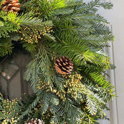 Fresh Cedar Fir, Redwood and Pinecone Wreath