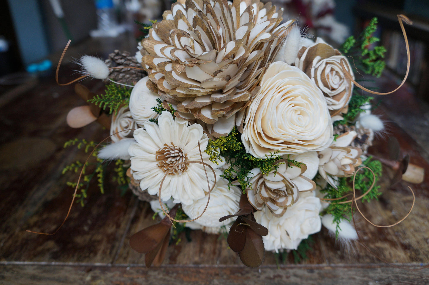 White and Green Sola Flower Bouquet, "Enchanted Forest" Wedding Bouquet, Bridal Bouquet, Keepsake Bouquet, Gift for her