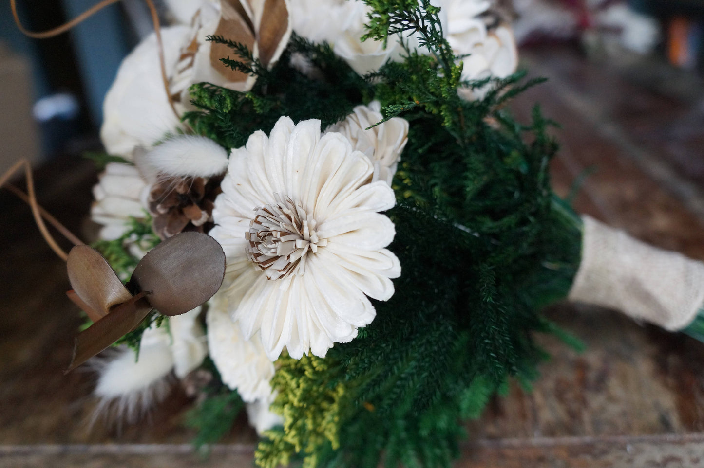 White and Green Sola Flower Bouquet, "Enchanted Forest" Wedding Bouquet, Bridal Bouquet, Keepsake Bouquet, Gift for her