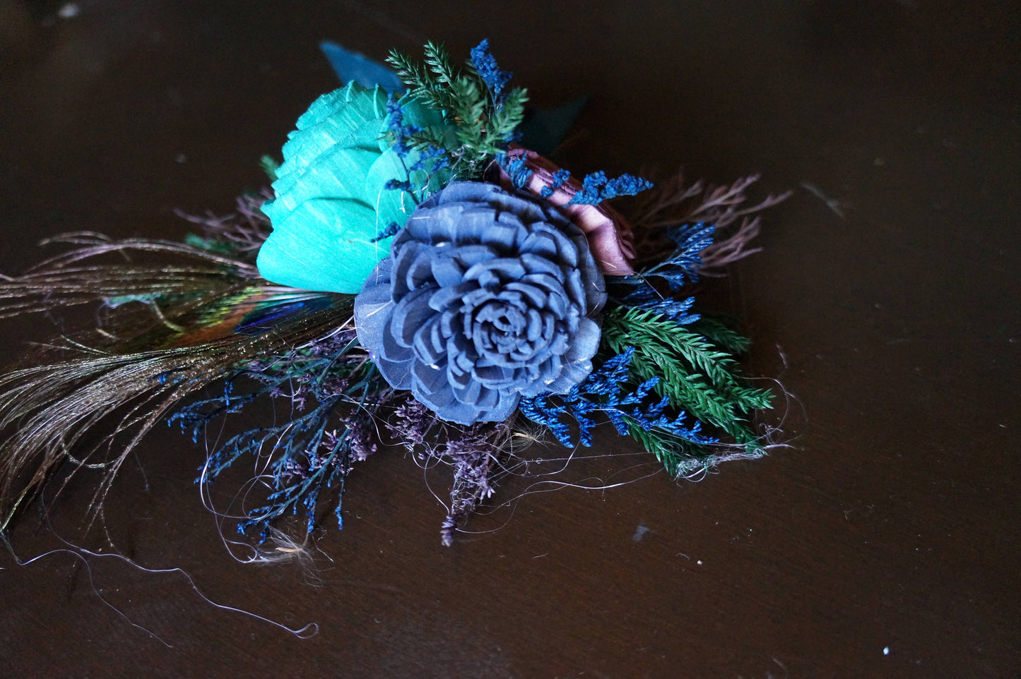 Peacock Wood Flower Corsage