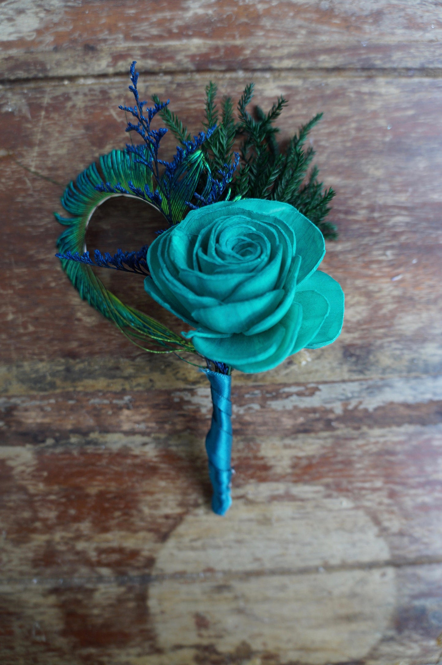 Peacock Sola Flower Boutonniere// Wood Flower Boutonierre