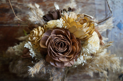 Tan and Chocolate Sola Flower Bouquet // "Vanilla Latte" Wood Flower Bouquet, Keepsake Wood Flower Wedding Bouquet, Bridal Bouquet