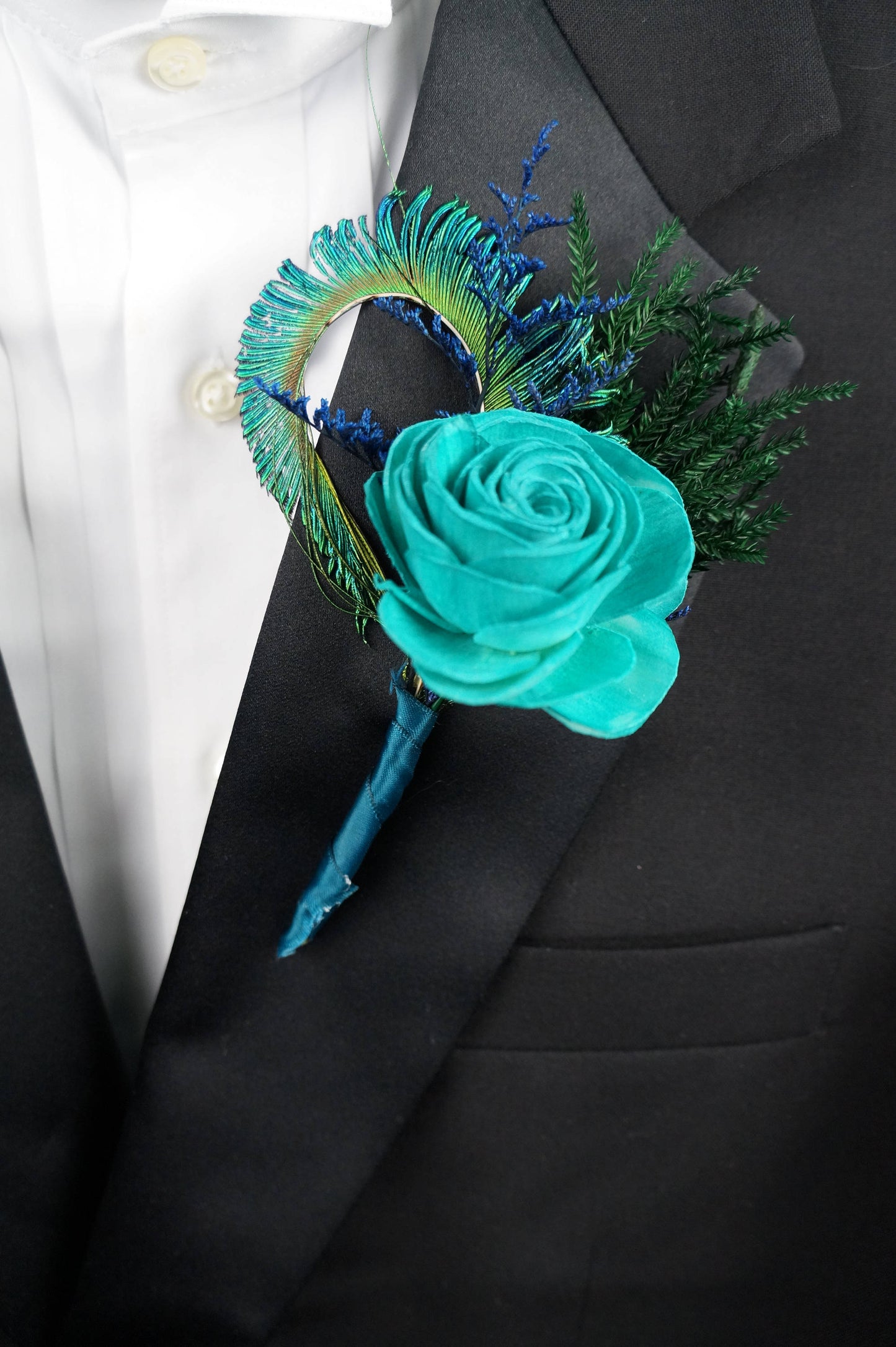 Peacock Sola Flower Boutonniere// Wood Flower Boutonierre