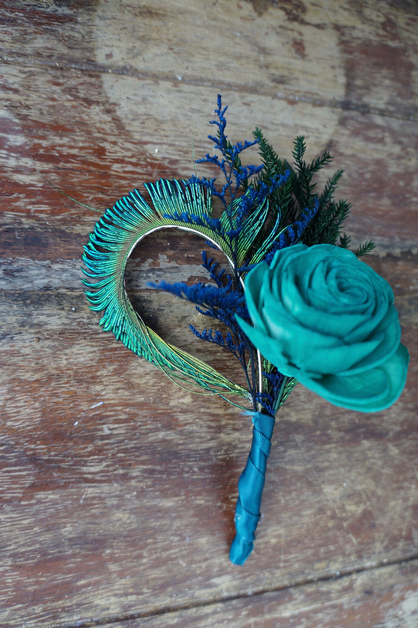 Peacock Sola Flower Boutonniere// Wood Flower Boutonierre