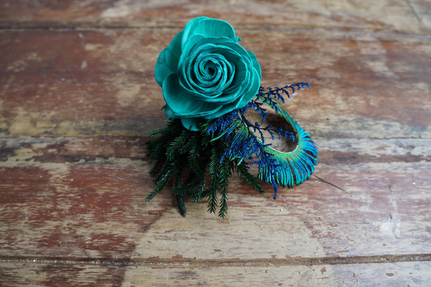 Peacock Sola Flower Boutonniere// Wood Flower Boutonierre