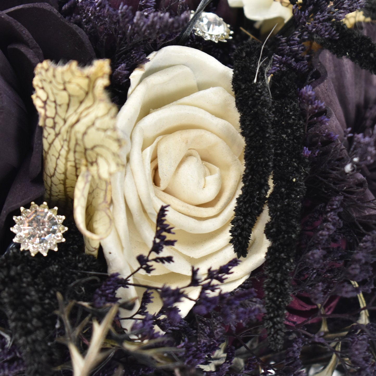 Spell Bound Sola Flower Bouquet // Black and Purple Wood Flower Bouquet, Bridal Bouquet, Halloween Wedding Bouquet, gift for her